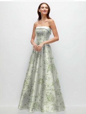 DESSY Strapless Bias Cuff Bodice Floral Satin Gown with Pockets